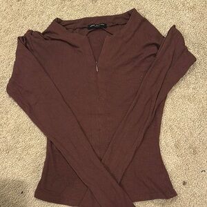 Naked Wardrobe Brown Fitted Long Sleeve Polo Blouse